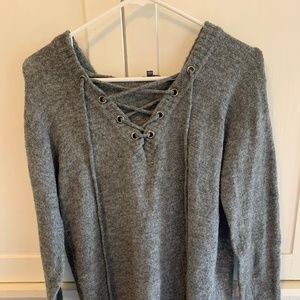 Grey Lace Up Sweater With Hood